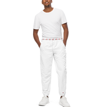 Load image into Gallery viewer, Image of front view of male wearing white street style pants for casual wear, athletic wear or sports wear featuring two side zip pockets and waist band logo pattern, cuffs with small logo on base of left leg. Teamed with white shirt, and white sneakers.
