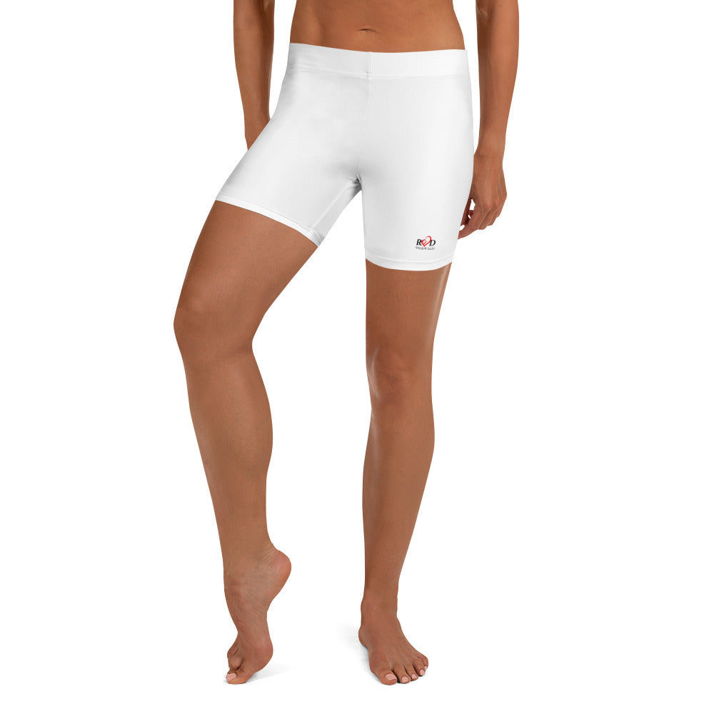 White athletic shorts with red valenteen logo text on a white background