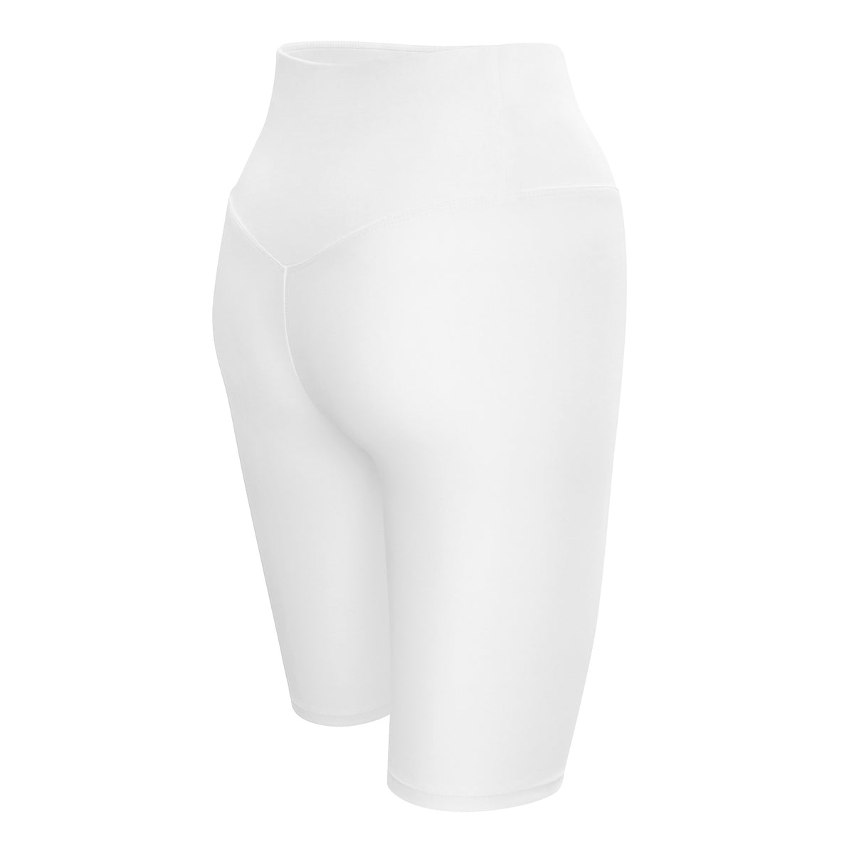 White high-waisted knee lenght shorts back view on a white background