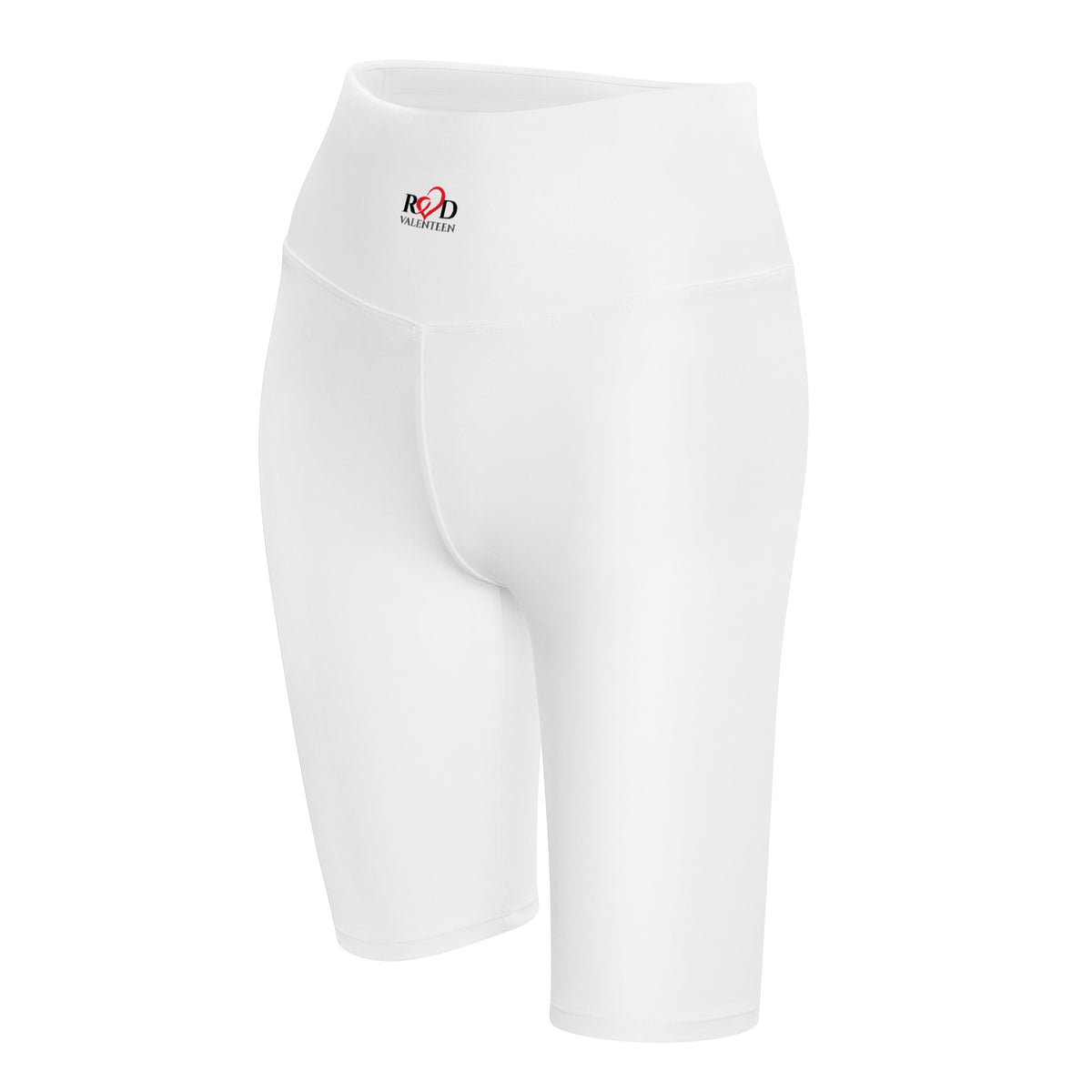 White high-waisted biker shorts with a small red and black 'Red Valenteen' logo on the centre waistbank shown on a solid white background