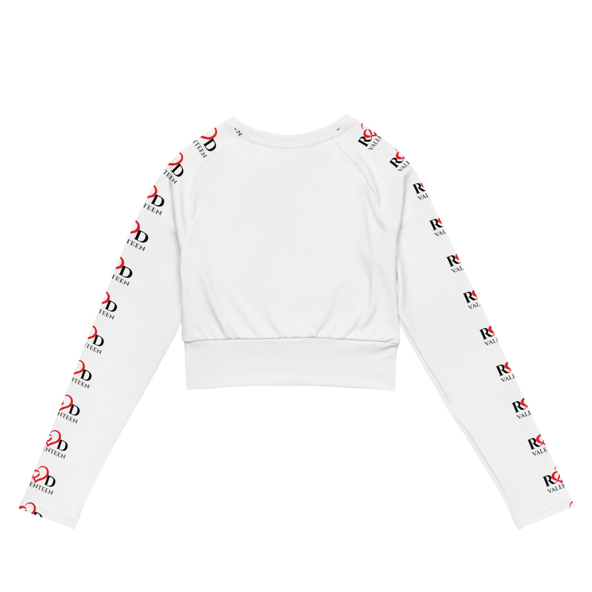 A white long-sleeve cropped activewear top shown from the back, featuring a repeating black and red 'Red Valenteen' logo print down both sleeves.