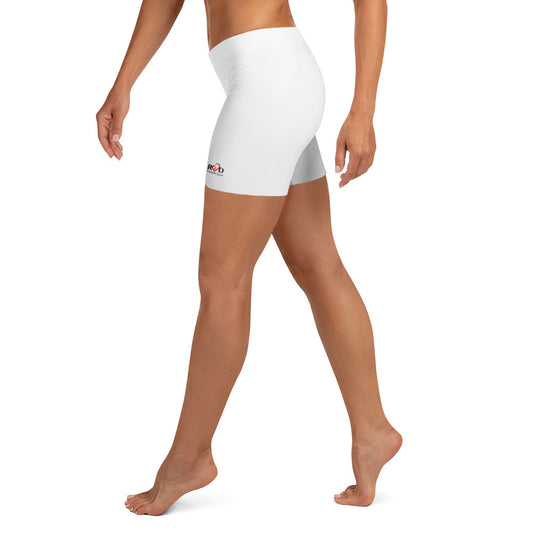 White athletic activewear shorts with red valenteen logo, on a white background
