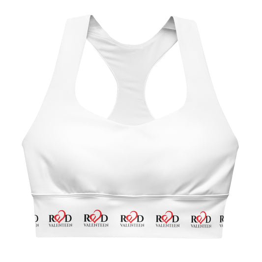 White racerback sports bra with a wide underband featuring a repeating red and black 'RED VALENTEEN' logo, shown on a plain white background.