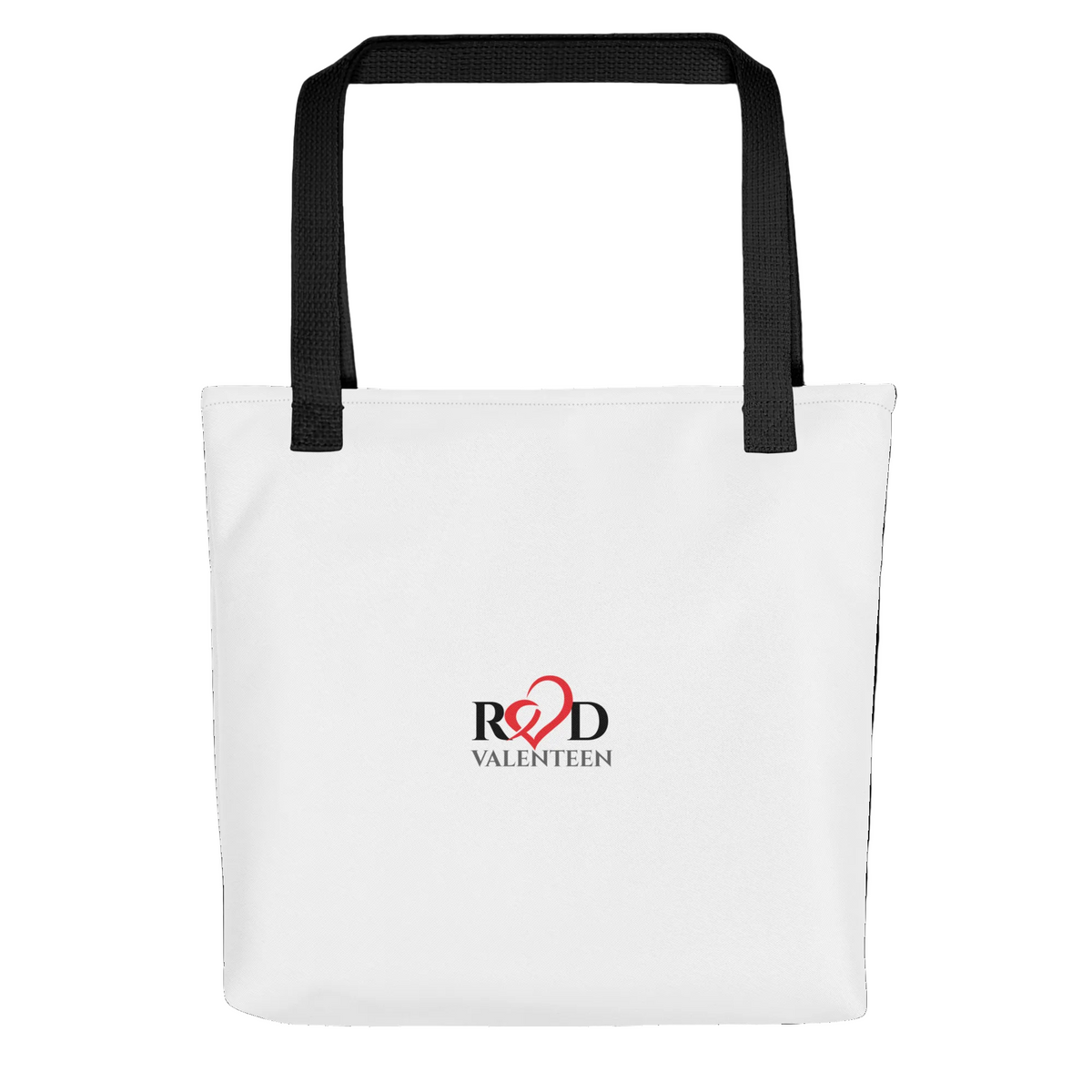 A white canvas tote bag with black shoulder straps and a central logo that reads 'RED VALENTEEN' with a red heart motif, shown on a plain white background.