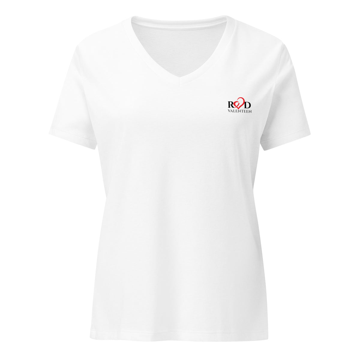 white-t-shirt with small red and black logo Red Valenteen, on left chest on a white background
