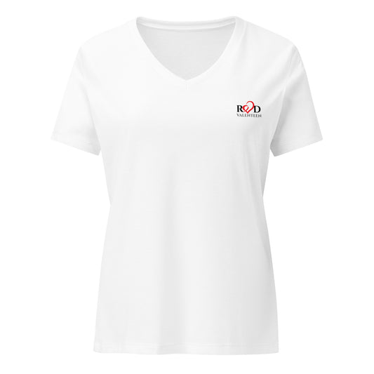 white-t-shirt with small red and black logo Red Valenteen, on left chest on a white background