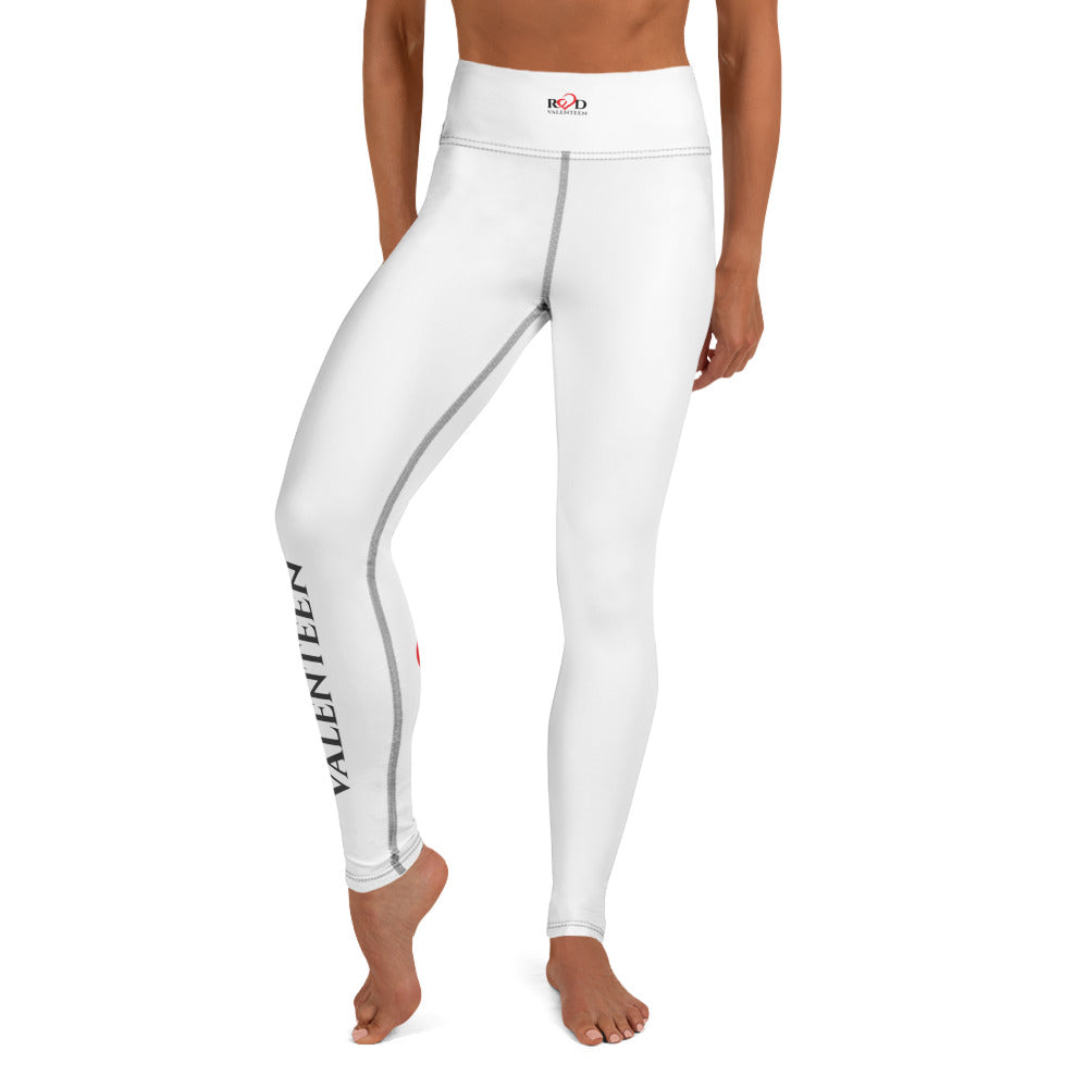White high-waisted athletic leggings with gray side seam stitching and Red Valenteen logo vertical branding, shown on a model against a plain white background.