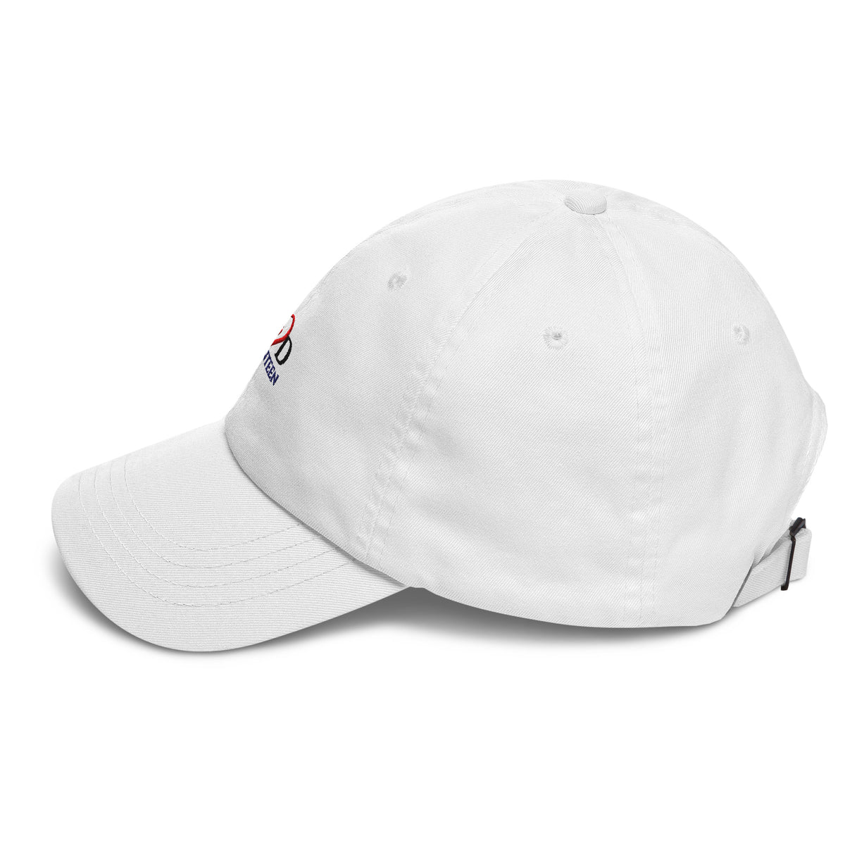 side left view of white cotton head cap, with a bit of the front positioned logo in view. On a white background.