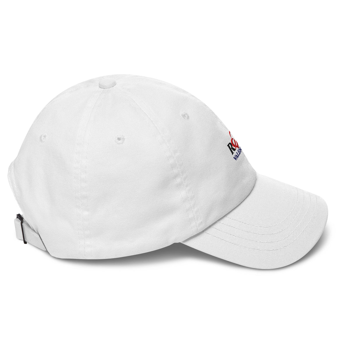 Right side view of a white cap with a small part of the front positioned logo in  view, on a white background. 
