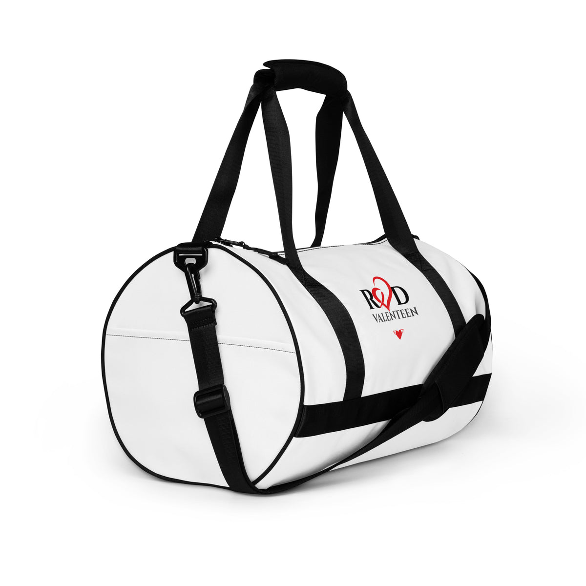 A white duffel bag with black handles, trim, and straps, featuring a red and black 'RED Valenteen' graphic on the side, set against a plain white background.
