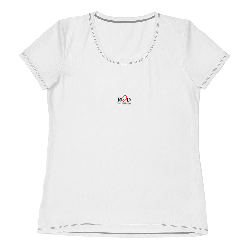 Lay flat image of athletic style dry fit white tshirt featuring short sleeves, contrast dark stitch on hems, Red Valenteen logo centre front