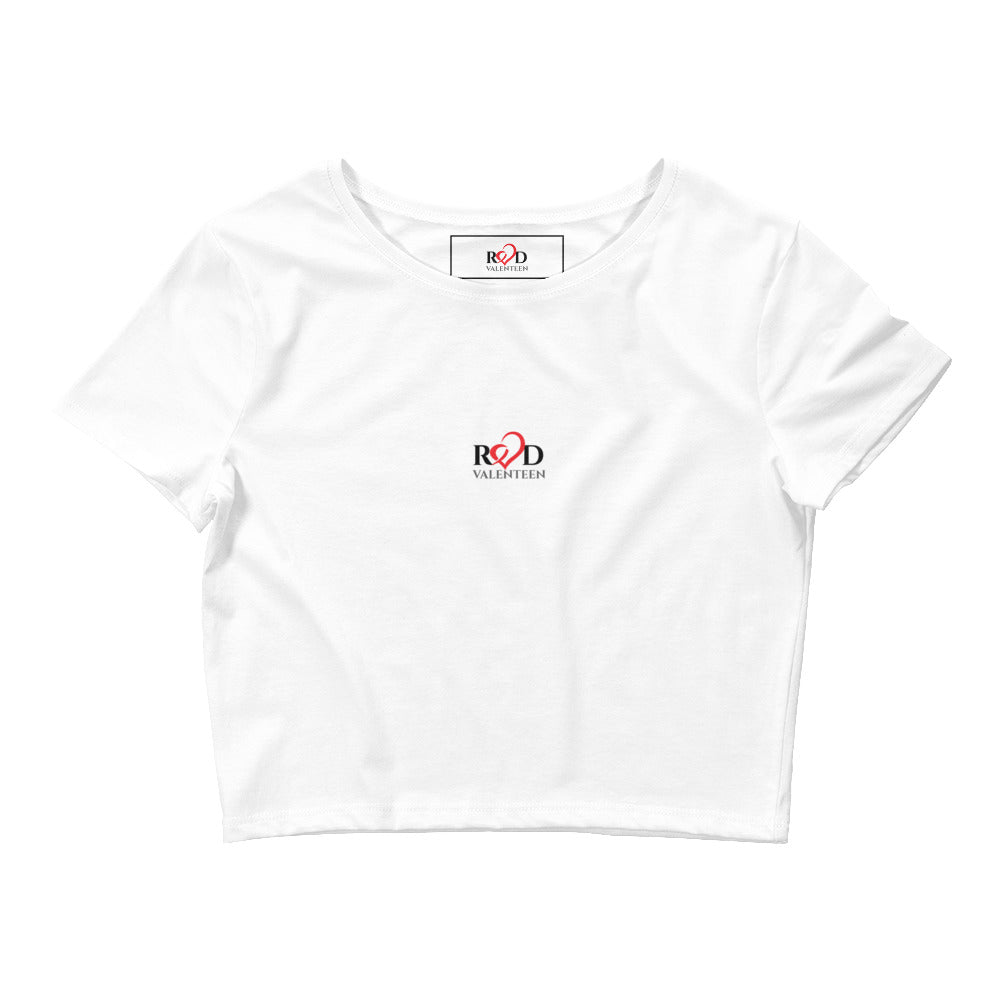 Lay flat image of white short sleeved cotton blend tee with centre middle Red Valenteen logo and lable.