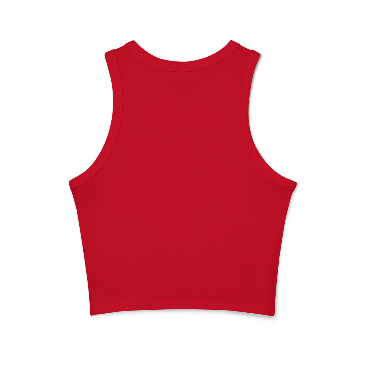 A bright red sleeveless crop top shown from the back on a plain white background.