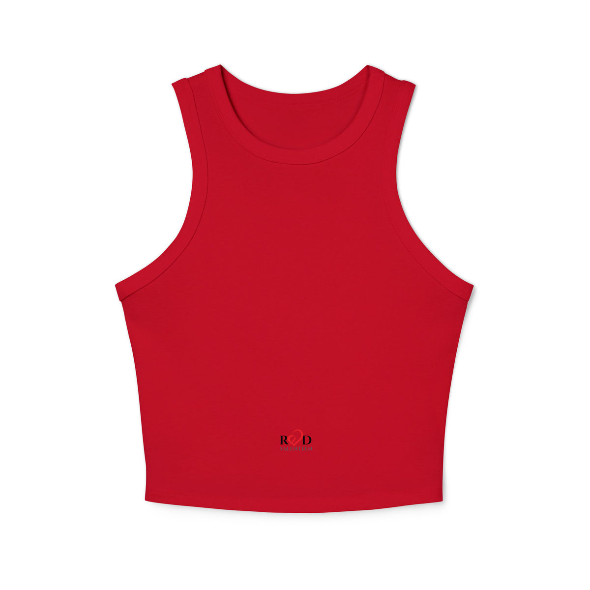 A bright red sleeveless crop top with a wide crew neckline, a small 'Red Valenteen' logo centered above the hemline, shown flat against a solid white background.
