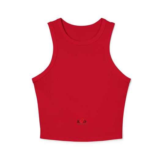 A bright red sleeveless crop top with a wide crew neckline, a small 'Red Valenteen' logo centered above the hemline, shown flat against a solid white background.